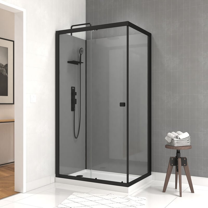 Cabine de douche rectangle 110x80x209 cm - Receveur bas - Fonds Gris Profilés Noir Mat - foggy low