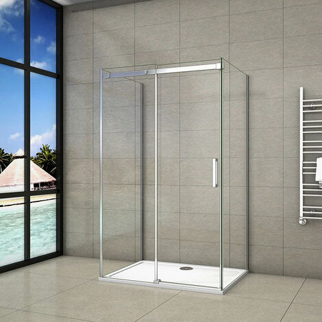 Cabine de douche forme en U en 8mm verre anticalcaire une porte de douche coulissante et 2x paroi de douche latérale