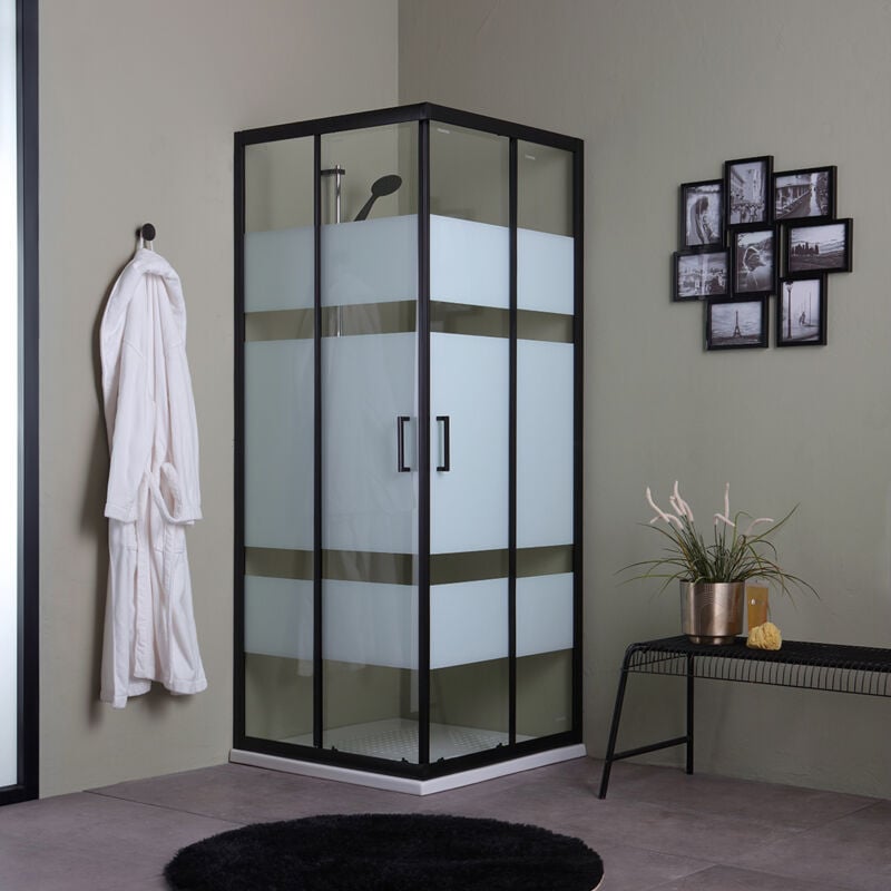 Cabine de douche 70x70 profils noirs verre sérigraphié