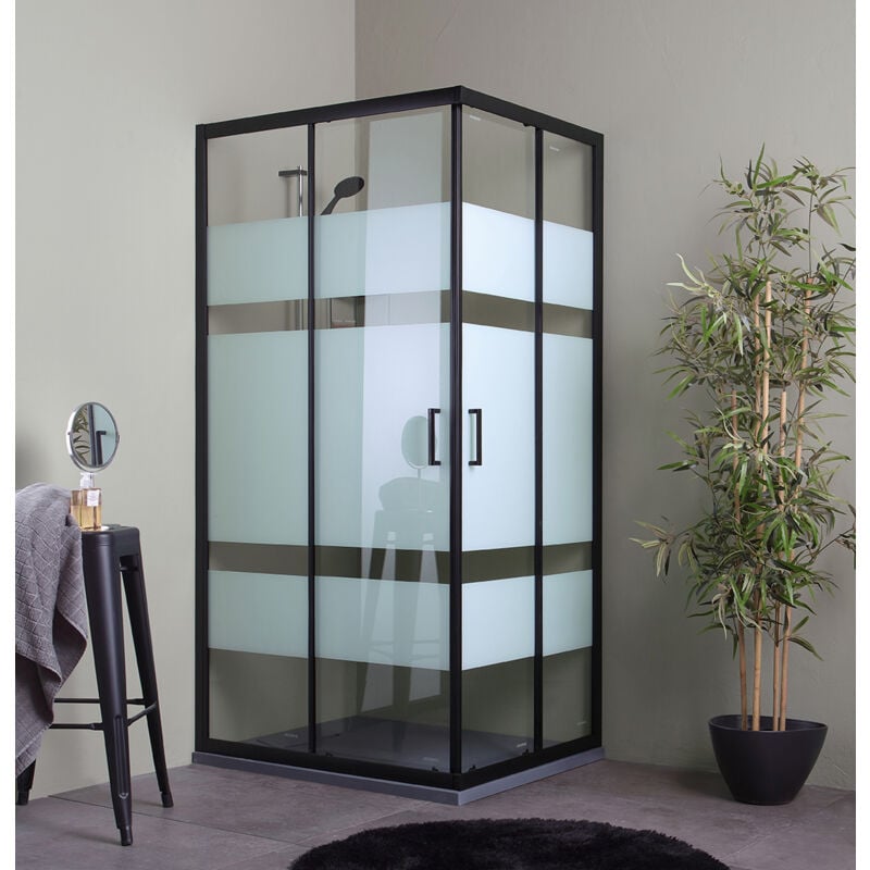 Cabine de douche 70x90 avec des profils noirs mats.
