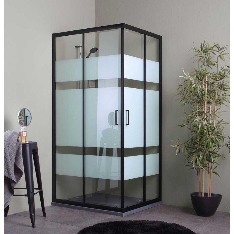 Kiamami Valentina - Paroi De Douche 70X90 Profilés Noirs Mats Avec Verre Sérigraphié City