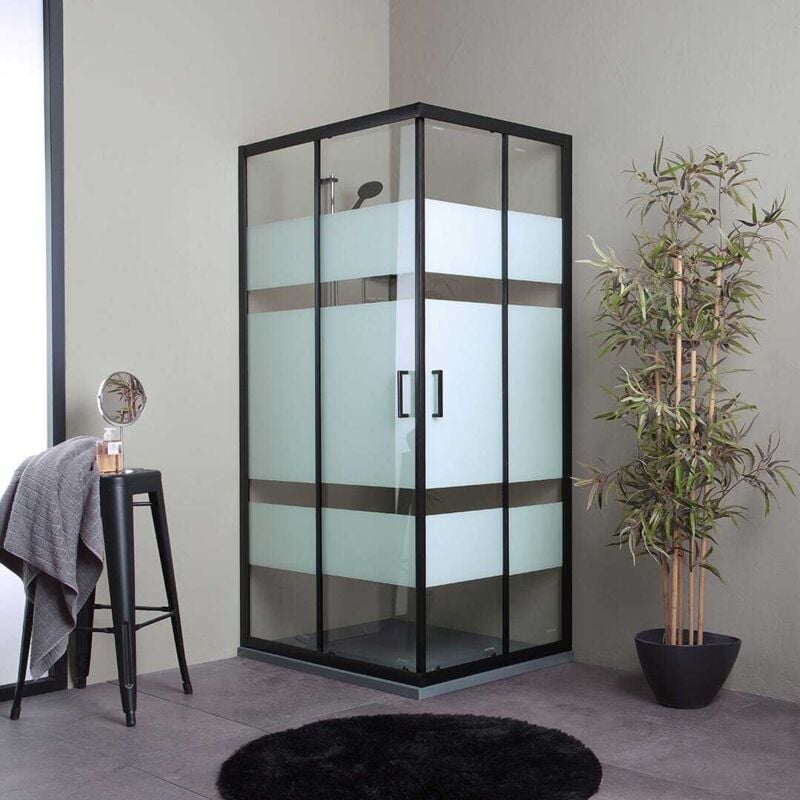 Kiamami Valentina - Paroi De Douche 80X120 Cadre Noir Mat Verre Sérigraphié 6Mm City