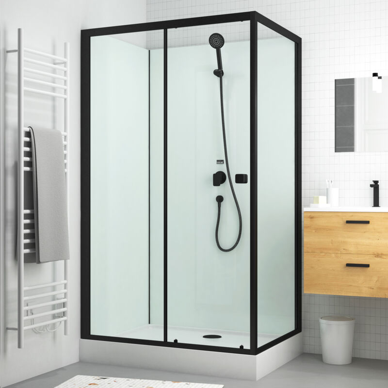 Aurlane - Cabine de douche rectangulaire 110x80x197 cm - Porte coulissante - Fonds Blancs & Profilés Noir Mat
