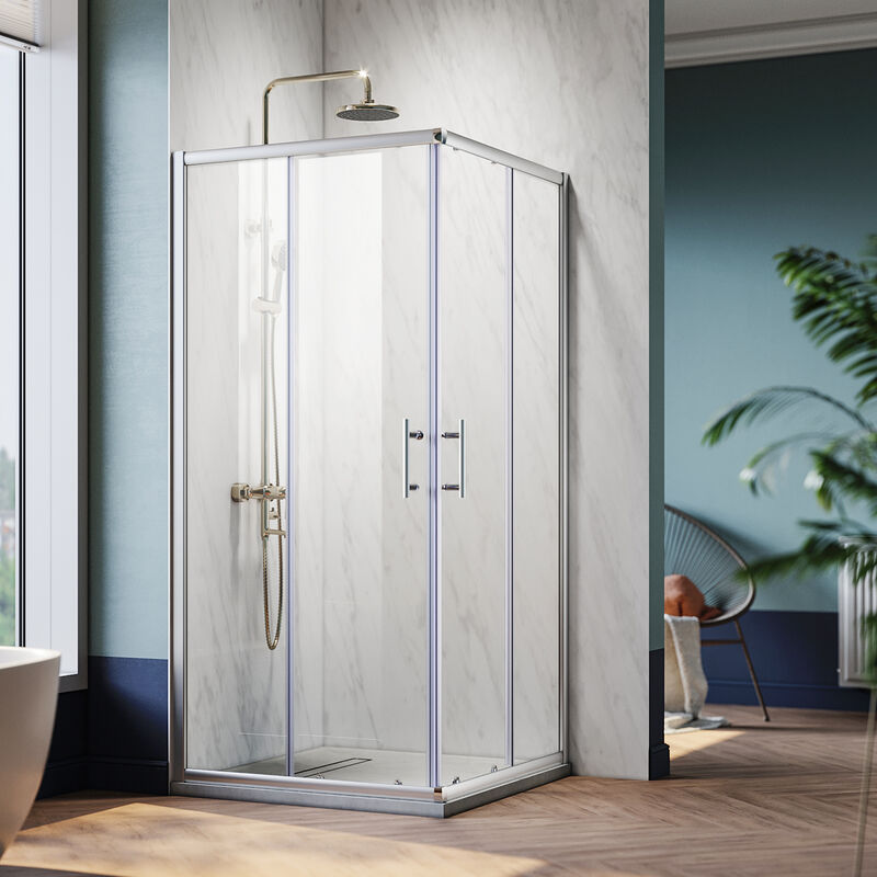 Cabine de douche accès d'angle SONNI 195cm de hauteur avec double porte coulissante Porte de douche 90x90 cm verre de sécurité à dégagement rapide,