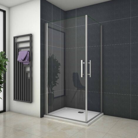 Cabine de douche battente verre trempé clair Ep.5mm - 90x90x180cm - 2 portes pivotantes à 180°- Chromé - Réversible - L'accès en angle