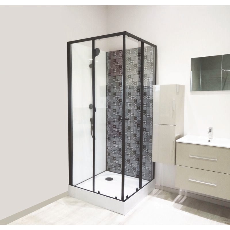 Ondee - Cabine ciment - Sans silicone - Décors imprimé - Noir - En kit - 90x90cm