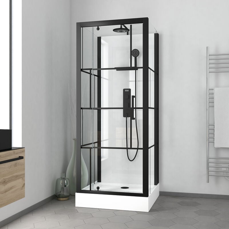Cabine de douche Carrée 80x80x213 cm - Porte pivotante - Fond Blanc et Profilés Noir Mat - rubiq
