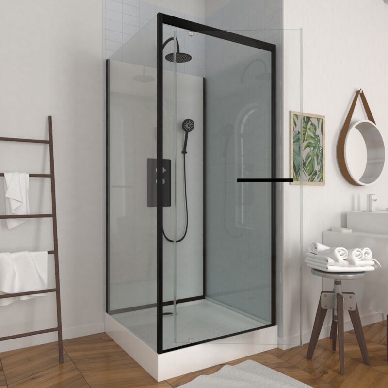 Cabine de douche carrée 90x90x230cm - extra blanc et profilé noir mat - lunar square 90