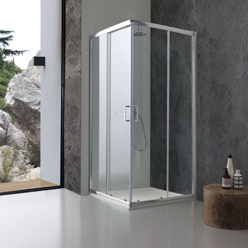 Cabine de douche carrée 90x90 en verre transparent.