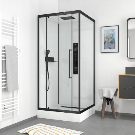 Cabine de douche carrée 90x90x217cm – Aluminium noir mat – Verre trempé 6mm – Système de montage sans silicone – Douche pluie inox noir mat – Marwell