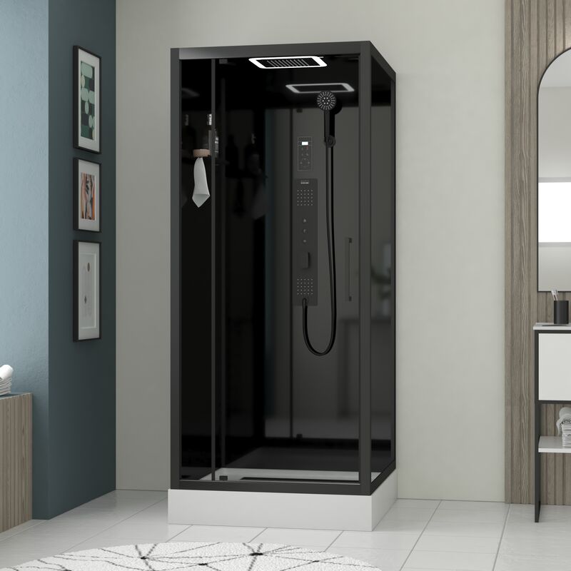 Cabine de douche Carrée Hydro 90x90x218 cm - Porte Pivotante - Fond & Profilés Noir Mat