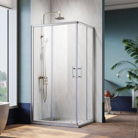 Cabine de douche d'angle Verre Trempé Cadre en Aluminium Installation Réversible Portes coulissantes - Carrée - Roues Amovibles - 90x100cm