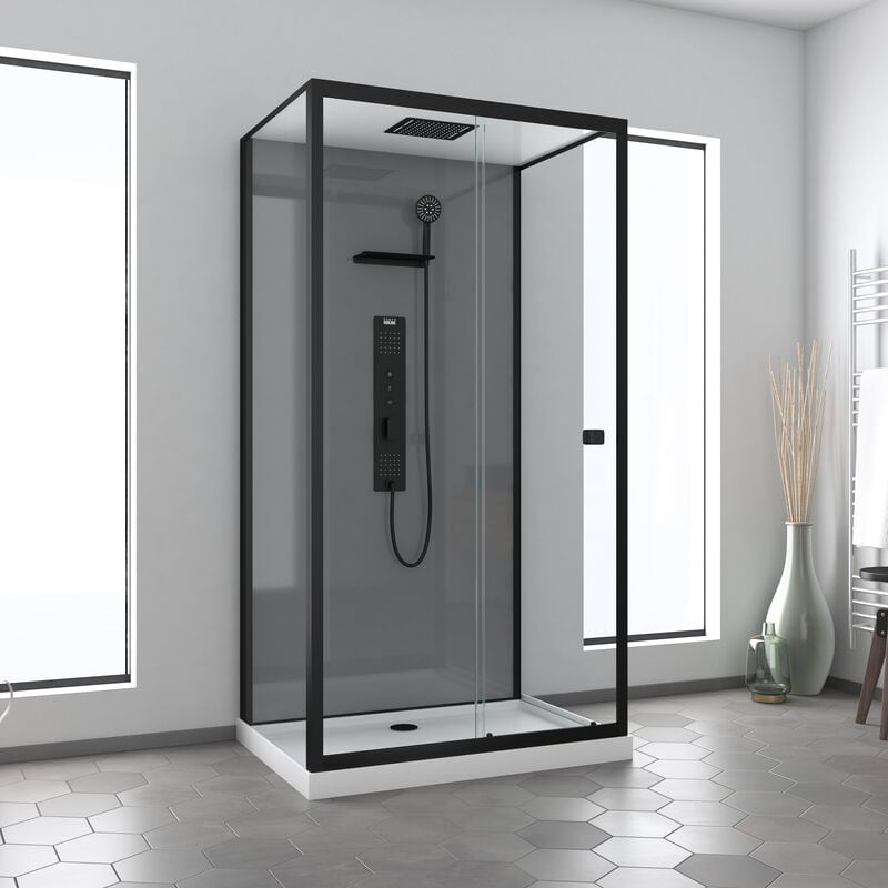 Aurlane - Cabine de douche Hydromassante 110x80 Receveur Bas - Fond Gris et Profilés Noir Mat - grey style low