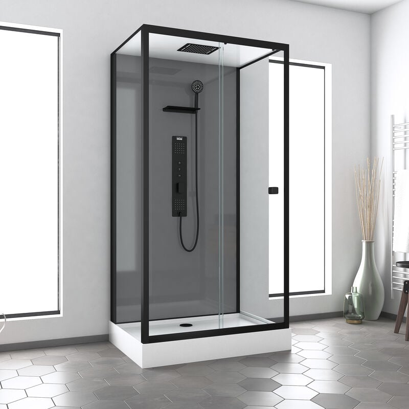 Cabine de douche Hydromassante 110x80x215 cm - Fond Gris et Profilés Noir Mat - grey style