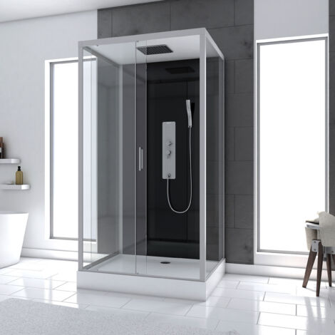 Aurlane – Cabine de douche hydromassante 110x80x215 cm – Fond en verre noir – Parois en verre trempé – Jets hydromassants multi-jets