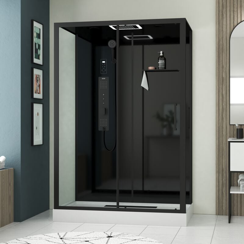 Aurlane - Cabine de douche Hydromassante 140x85x218 cm - Porte coulissante - Fonds & Profilés Noir Mat