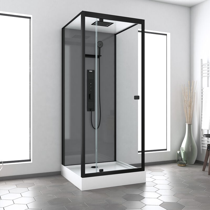 Aurlane - Cabine de douche Hydromassante 90x90x215 cm - Fonds Gris et Profilés Noir Mat - grey style