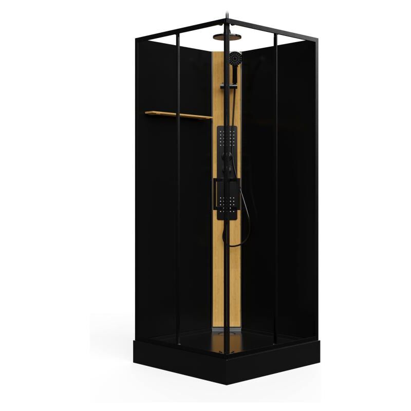 Vente-unique - Cabine de douche hydromassante carrée avec panneau en bambou - Noir - L90 x l90 x H225 cm - desulo