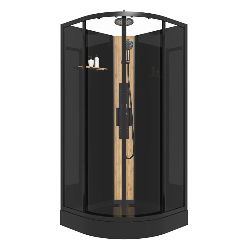 Cabine de douche hydromassante en quart de cercle avec panneau en bambou - Noir - L90 x l90 x H225 cm - tiloma