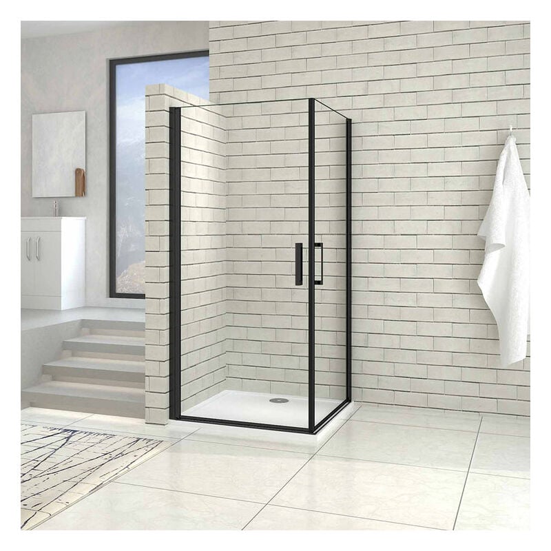 Aica cabine de douche noire 90x80cm porte de douche pivotante noir en 8mm verre anticalcaire hauteur:200cm