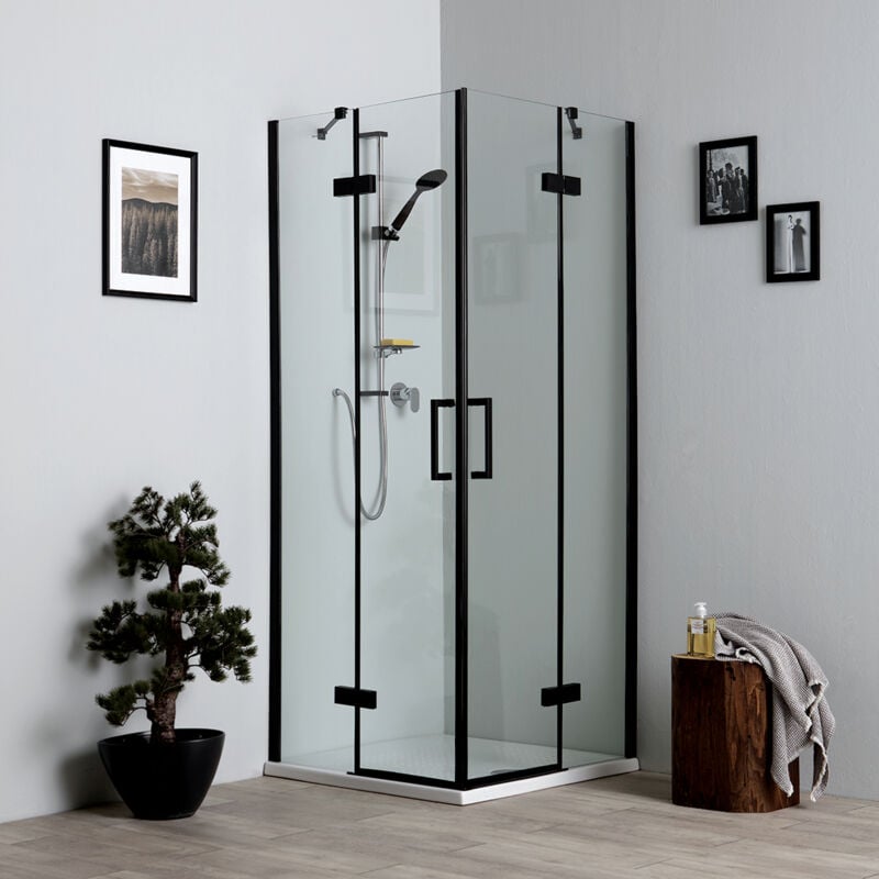 Cabine de douche noire mate 70x70 avec portes battantes.