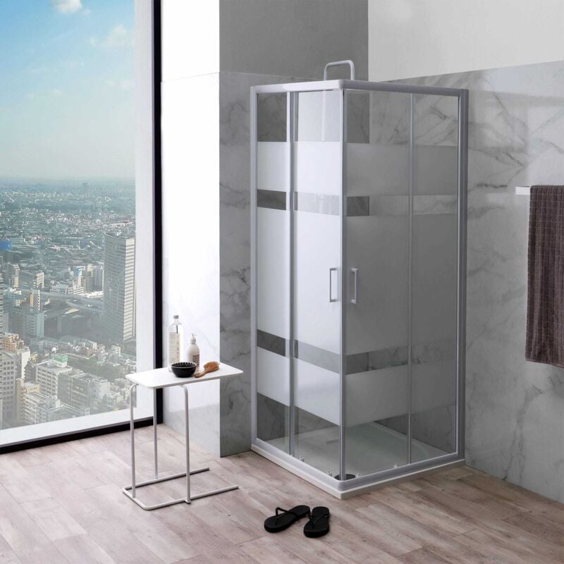 Kiamami Valentina - Paroi De Douche Carré 80X80 Verre Sérigraphié Profilé Blanc Venere