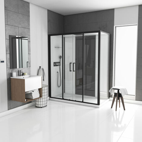 Cabine de douche rectangle 170x90cm - blanche avec profilé noir mat à receveur extra plat ou haut - INFINITY