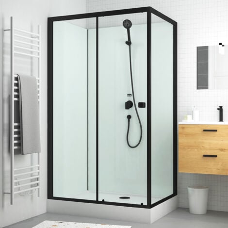 cabine de douche rectangulaire 110x80x197 cm - porte coulissante - fonds blancs & profilés noir mat
