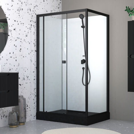 Aurlane – Cabine de douche rectangulaire 110x80x197 cm – Porte coulissante – Receveur noir mat – Verre 4 mm – Structure aluminium noir