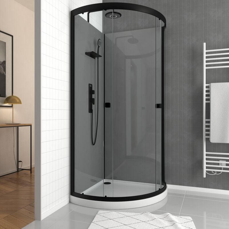 Cabine de douche 1/4 de cercle 90x90x207/222 cm - Receveur bas - Fonds Gris Profilés Noir Mat - foggy low