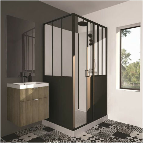 Cabine de douche rectangulaire 90x120x220 cm – Porte coulissante – Verre transparent – Style industriel noir pour salle de bain moderne