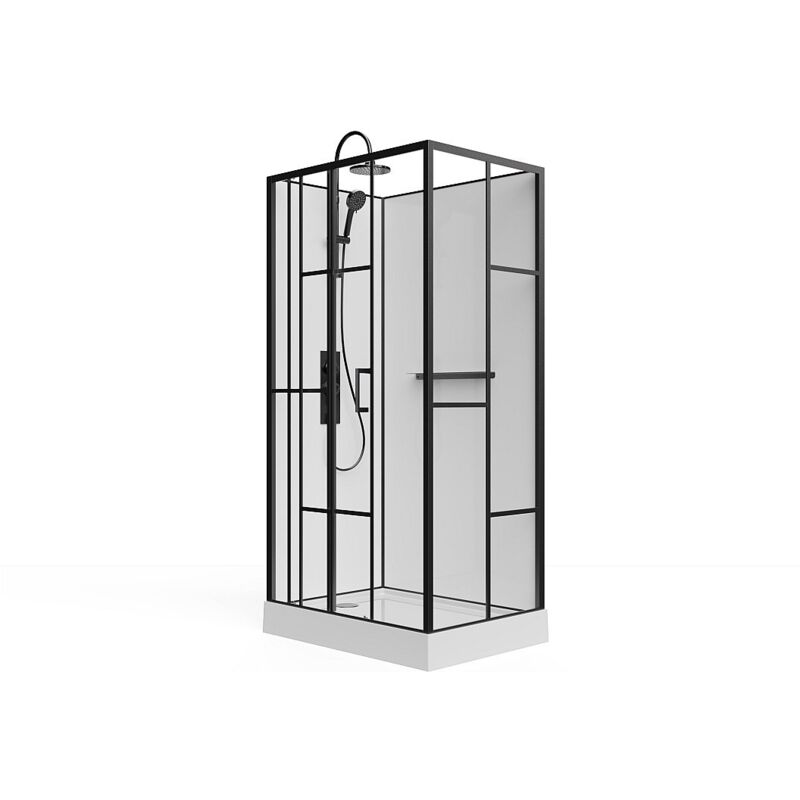 Vente-unique - Cabine de douche rectangulaire sérigraphiée - Installation réversible - Blanc et Noir mat - L110 x l80 x H225 cm - gavila