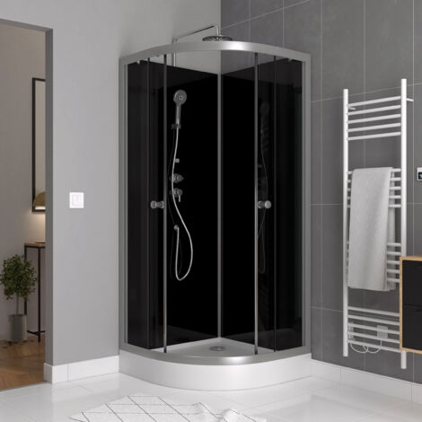 Aurlane – Cabine de douche 1/4 de cercle 90x90x230 cm – Verre trempé transparent 5 mm – Douche de tête anticalcaire chromée – Aluminium laqué gris argenté