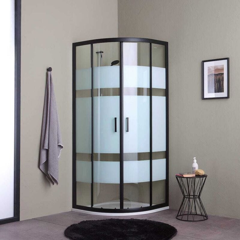 Kiamami Valentina - Paroi De Douche Semi-Circulaire 80X80 Verre Sérigraphié Cadre Noir Mat City
