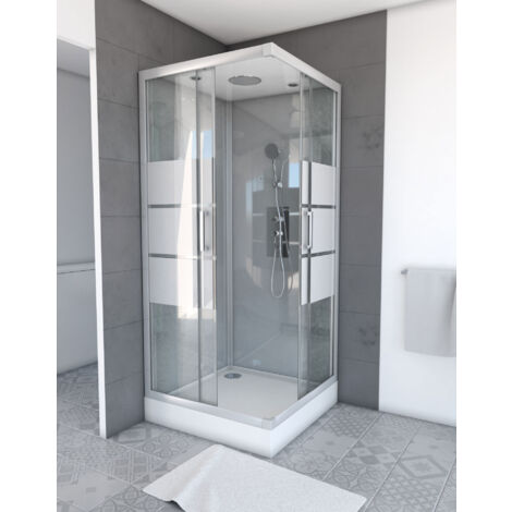 Cabine de douche carrée 90x90x215cm - grise avec bande dépoli - SILVERY STRIPE SQUARE