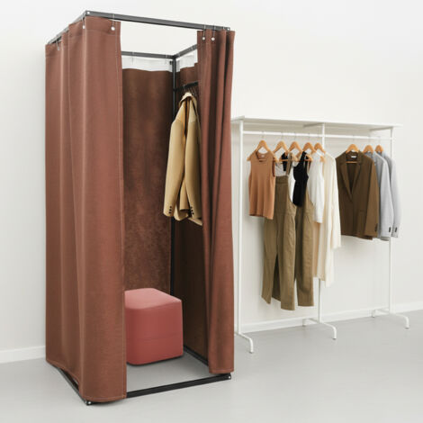 Cabine d'essayage pour magasin de vêtements, 85 x 85 x 200 cm, avec rideau occultant, adaptée aux centres commerciaux, solution mobile et temporaire pour préserver l'intimité, marron