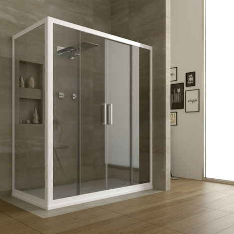 Cabine de douche porte angulaire en pvc blanc coulissante centrale verre h 190