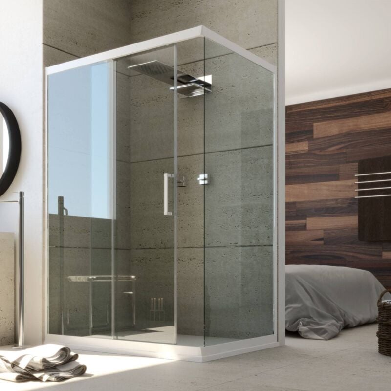 Cabine douche angulaire verre et pvc blanc h 200 mod. Glax porte de douche + paroi latérale 90x140 cm transparent