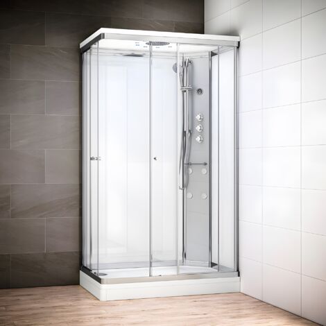 Cabine douche hydromassante 120 x 80 SILVER Blanc rectangulaire droite (accès angle)