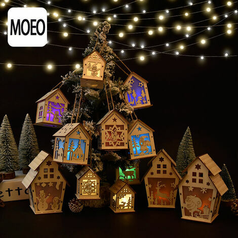 cabine en bois menée rustique, scène de village de Noël en bois bricolage, pour éclairer les décorations de Noël l'atelier de Noël, avec des cadeaux de scène de village illuminés，Bougie 779