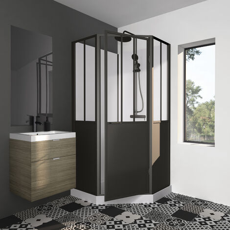 Pack Porte de Douche Atelier Pivotante Noire 80x200 cm et Receveur Blanc  Effet Pierre 80x80x4 cm - Aurlane