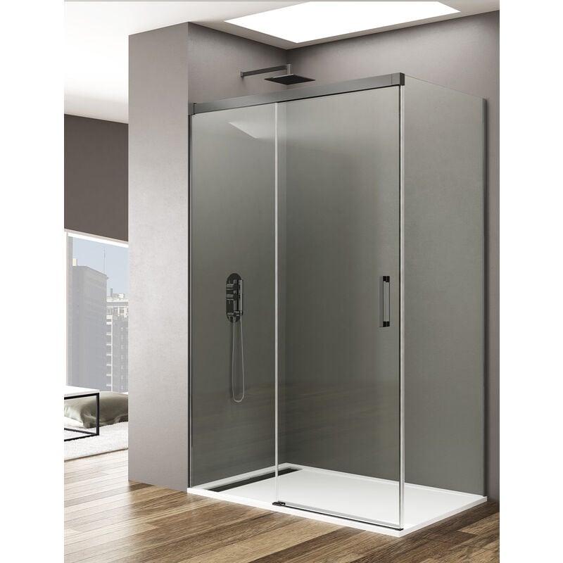Allstone - Cabine Paroi de douche d'angle 1+1 basic Avec côté fixe, Sans profil inférieur, 5 couleurs de profilés, 2 types de verre 6mm en aluminium