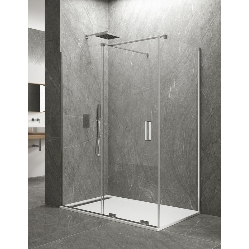 Cabine Paroi de douche d'angle 1+1 ALLSTONE KERES Avec côté fixe sans profilés supérieurs et inférierus. Verre de 8 mm 110x90 cm barre de