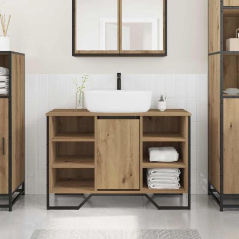 Armoire Lavabo Salle De Bain Chêne Marron - 91x35x60cm - Rangement Spacieux - À Monter