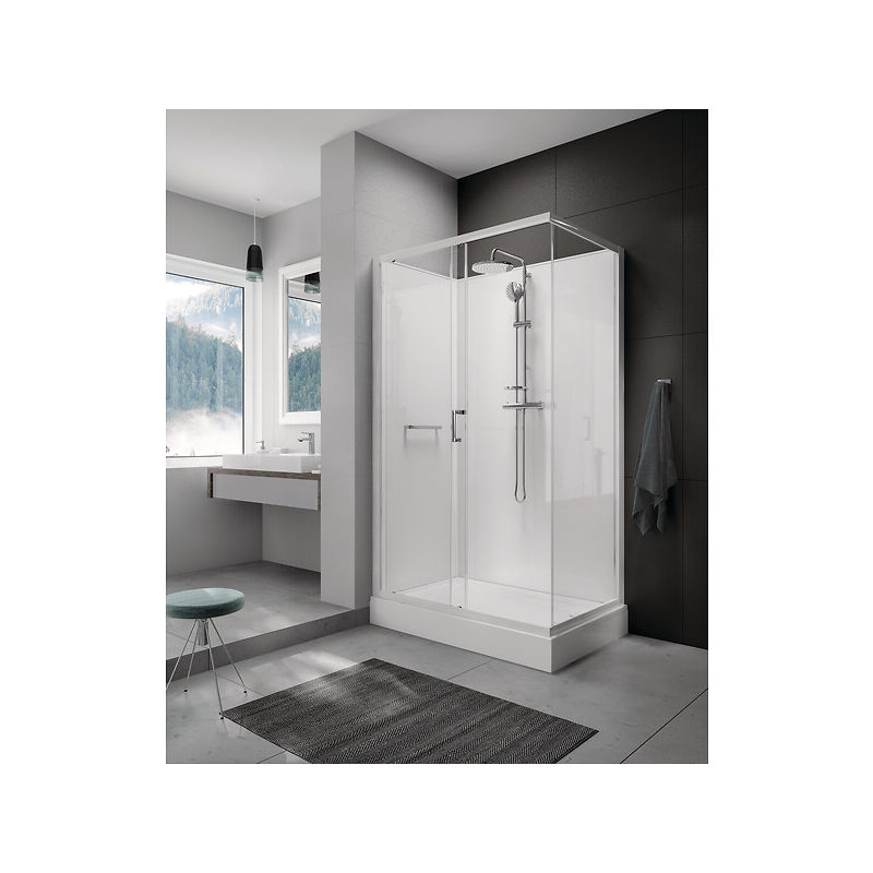 Leda - Cabine de douche Kara 2 rectangulaire 120x80 à portes coulissantes de face 2 vantaux verre transparent avantage blanc