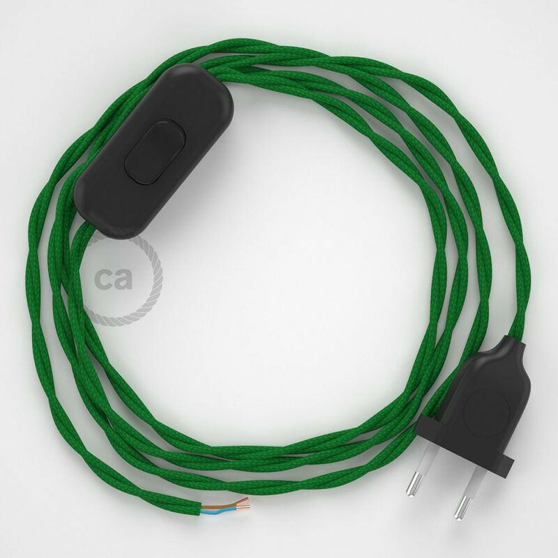 Image of Cablaggio per lampada, cavo TM06 Effetto Seta Verde 1,80 m. Scegli il colore dell'interuttore e della spina. Nero