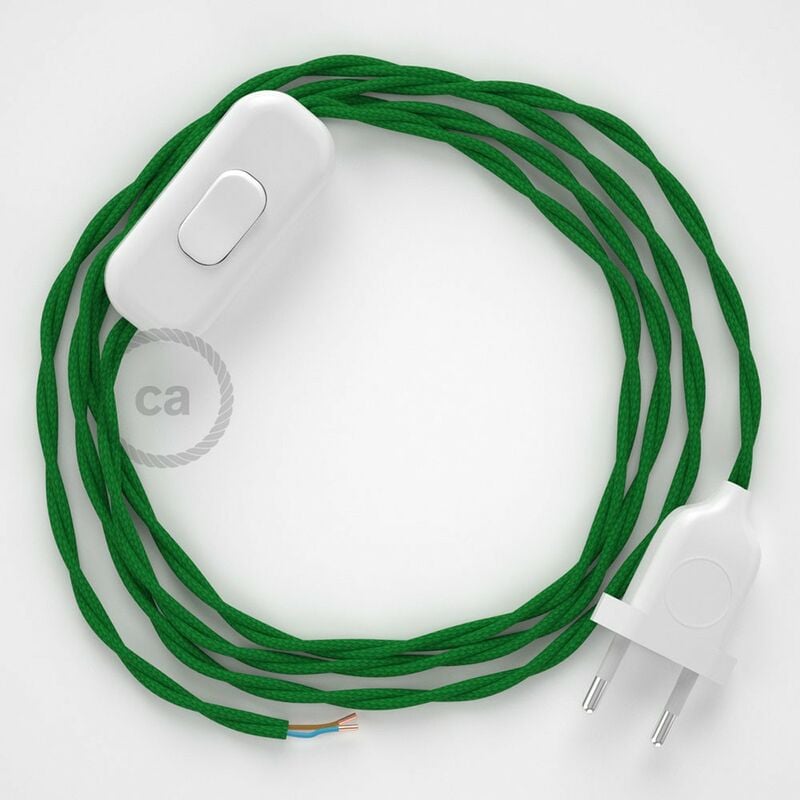 Image of Cablaggio per lampada, cavo TM06 Effetto Seta Verde 1,80 m. Scegli il colore dell'interuttore e della spina. Bianco