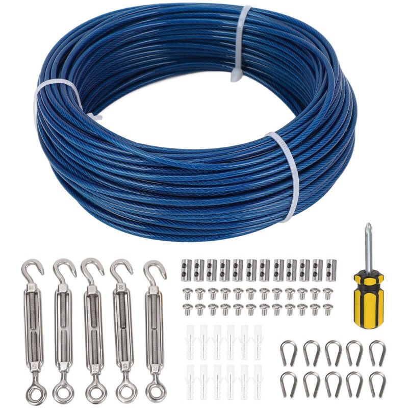 Sjlerst - Câble acier gainé bleu 3mmx30m kit clôture/voile store