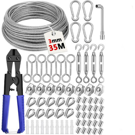 Câble Acier Inoxydable - 35 m x 3 mm - Tendeur + Serre-Câble + Pince à Découper - Pour Treillis Plante Grimpante Extérieur, Garde-Corps, Corde à Linge - Kit Complet