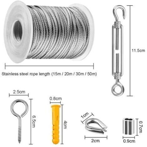 Câble Acier Inoxydable etendoir à suspendre,Corde en Acier Inoxydable à Suspendre,File a Linge Extérieur,Etendoir a linge exterieur,Câble Métallique Extérieur,kit cable inox garde corps (30M)